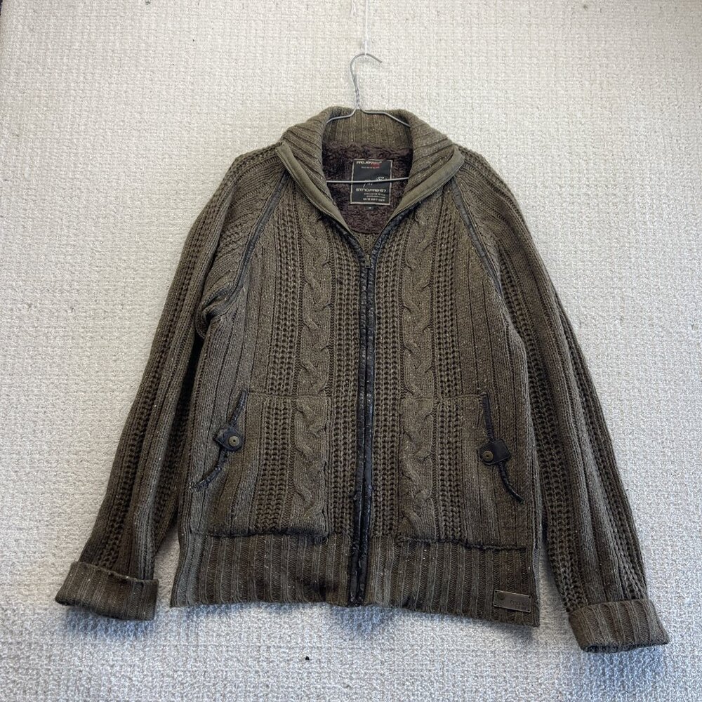 Projekraw Chunky Cable Knit Full Zip Sweater Mens M Lambswool Blend Grunge Read